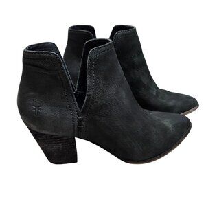 Frye Reina Cut Out‎ Black Leather Ankle Booties Stacked Heel 7.5 Western Cowboy